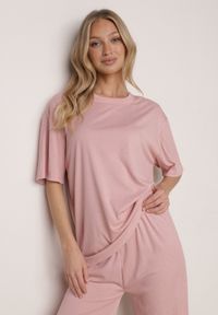 Born2be - Różowy Komplet Oversize z Cyrkoniami T-shirt i Spodnie Arnatea. Kolor: różowy. Wzór: aplikacja #7