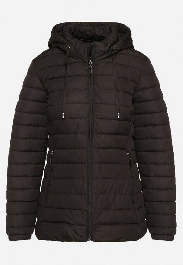 Born2be - Czarna Pikowana Kurtka z Kapturem i Sznurkami Miviana. Okazja: na spacer. Typ kołnierza: kaptur. Kolor: czarny. Materiał: jeans. Długość rękawa: długi rękaw. Długość: długie