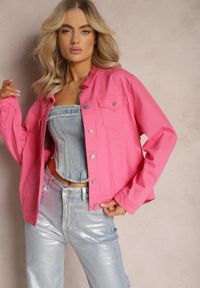 Renee - Fuksjowa Jeansowa Kurtka z Bawełny z Metalicznym Guzikami Urielati. Kolor: różowy. Materiał: jeans, bawełna. Wzór: aplikacja. Styl: rockowy #1