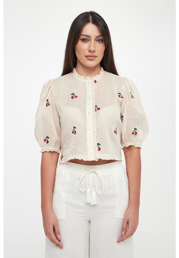 Twinset Milano - Koszula damska z haftem czereśni TWINSET. Wzór: haft