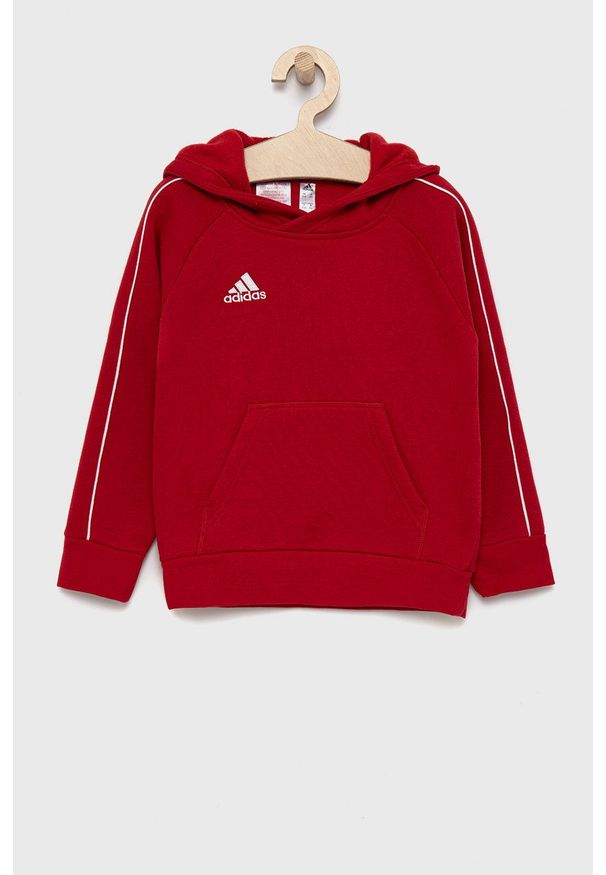 adidas Performance Bluza dziecięca kolor czerwony z kapturem gładka. Okazja: na co dzień. Typ kołnierza: kaptur. Kolor: czerwony. Materiał: włókno, materiał, dzianina. Długość rękawa: raglanowy rękaw. Wzór: gładki. Styl: casual