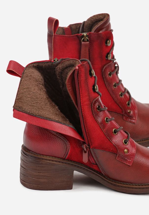 Born2be - Bordowo-Czerwone Botki Trzewiki na Klockowym Obcasie Zdobione Suwakiem Salittea. Okazja: na co dzień, do pracy, na spotkanie biznesowe. Kolor: czerwony. Materiał: dzianina, jeans. Wzór: aplikacja. Obcas: na obcasie. Styl: biznesowy, casual, elegancki. Wysokość obcasa: średni