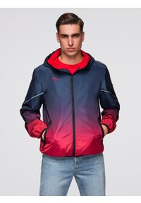 Ombre Clothing - Sportowa męska kurtka ombre z odblaskami i polarową podszewką – granatowo-czerwona V3 - Rozmiar: L. Kolor: czerwony. Materiał: polar. Wzór: nadruk, gradientowy, napisy. Styl: sportowy #1