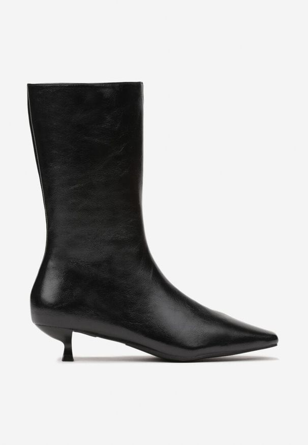 Renee - Czarne Eleganckie Botki na Obcasie Kaczuszka z Noskiem w Szpic Sanithe. Zapięcie: zamek. Kolor: czarny. Materiał: skóra. Wzór: kropki. Obcas: na obcasie. Styl: elegancki. Wysokość obcasa: średni