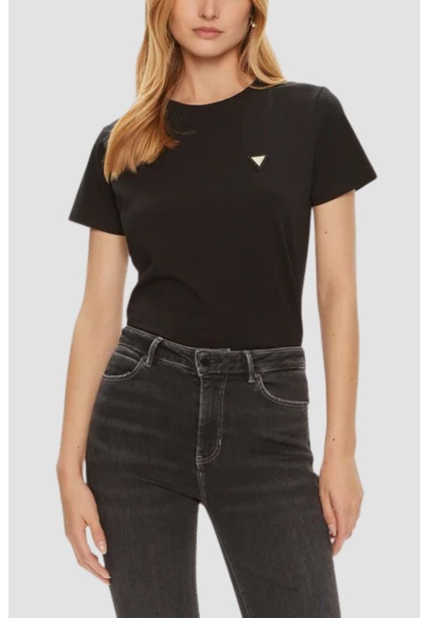 Guess - GUESS Czarny damski t-shirt na krótki rękaw Colette, Rozmiar XL. Okazja: na co dzień. Kolor: czarny. Długość rękawa: krótki rękaw. Długość: krótkie. Styl: elegancki, casual