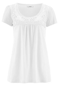 Shirt bawełniany z koronką i krótkim rękawem bonprix biały. Kolor: biały. Materiał: bawełna, koronka. Długość rękawa: krótki rękaw. Długość: krótkie. Wzór: koronka