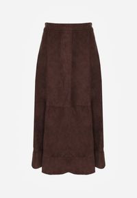 Renee - Brązowa Gładka Spódnica z Imitacji Zamszu o Rozkloszowanym Kroju Nettia. Kolor: brązowy. Materiał: zamsz. Wzór: gładki #5