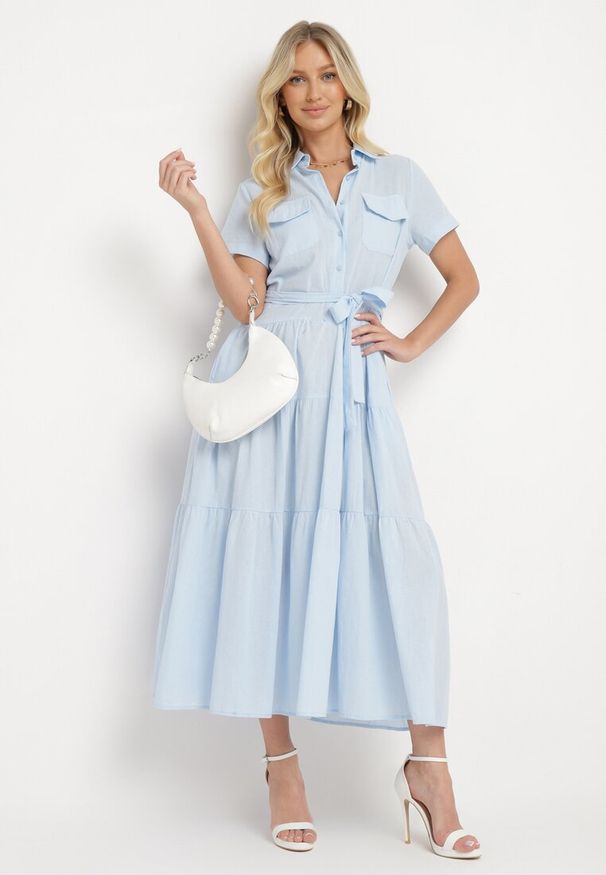 Born2be - Niebieska Sukienka z Bawełny o Koszulowym Kroju z Wiązaniem w Talii Wosofia. Okazja: do pracy. Kolor: niebieski. Materiał: bawełna. Typ sukienki: koszulowe. Styl: elegancki