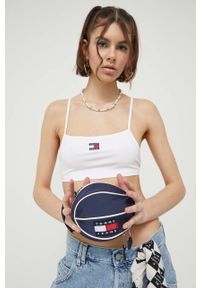 Tommy Jeans top damski kolor biały. Kolor: biały. Materiał: bawełna, poliester, dzianina. Długość rękawa: na ramiączkach. Wzór: aplikacja #2