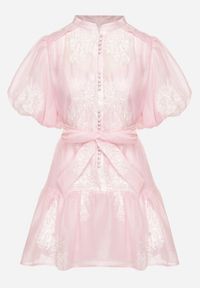 Born2be - Różowa Koszulowa Przezroczysta Sukienka z Bawełną Haftami i Paskiem Lirulira. Okazja: na co dzień. Kolor: różowy. Materiał: bawełna. Wzór: haft. Sezon: lato. Typ sukienki: koszulowe. Styl: casual, elegancki #2