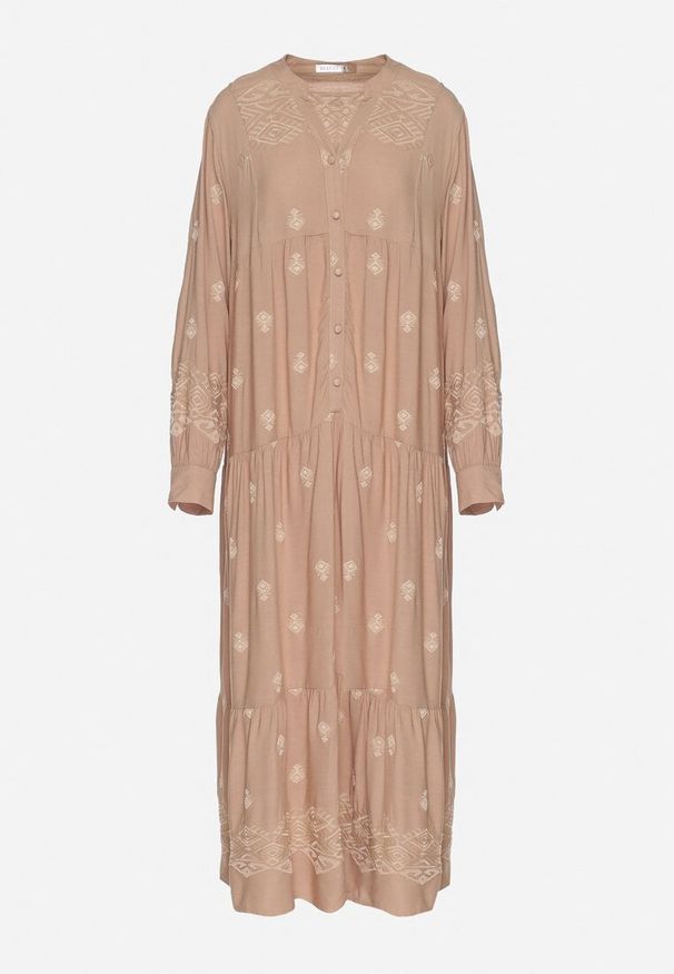 Born2be - Beżowa Sukienka Rozkloszowana z Koszulową Górą z Wzorem Etno Ronitta. Okazja: na co dzień. Typ kołnierza: dekolt w serek. Kolor: beżowy. Długość rękawa: długi rękaw. Wzór: aplikacja, haft. Typ sukienki: koszulowe. Styl: etno