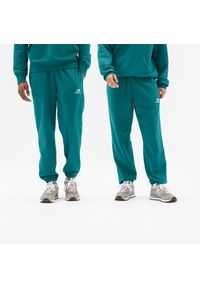 Spodnie unisex New Balance UP21500VDA – niebieskie. Kolor: niebieski. Materiał: dresówka, materiał, bawełna. Wzór: napisy, haft