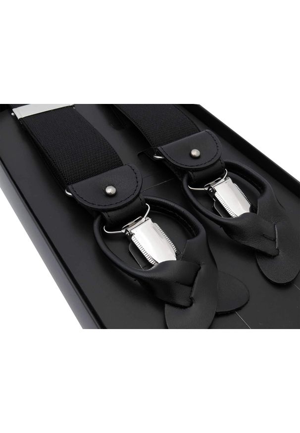 Modini - Długie czarne szelki męskie do spodni na guziki GXL1. Kolor: czarny. Materiał: skóra, guma