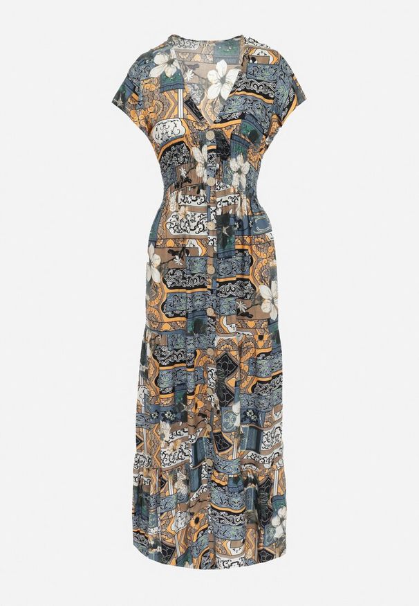 Born2be - Szara Sukienka Maxi z Wiskozy z Gumką w Talii i Guzikami Nyllu. Kolor: szary. Materiał: wiskoza. Wzór: aplikacja. Długość: maxi