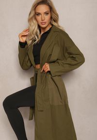 Renee - Zielony Płaszcz z Wiązanym Paskiem Oversize Terethia. Kolor: zielony. Materiał: materiał. Wzór: aplikacja