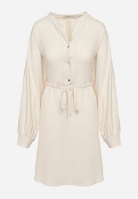 Born2be - Beżowa Sukienka z Wiązaniem w Talii z Koszulową Górą Leandia. Okazja: na co dzień. Kolor: beżowy. Materiał: skóra. Typ sukienki: koszulowe. Styl: casual, elegancki #5