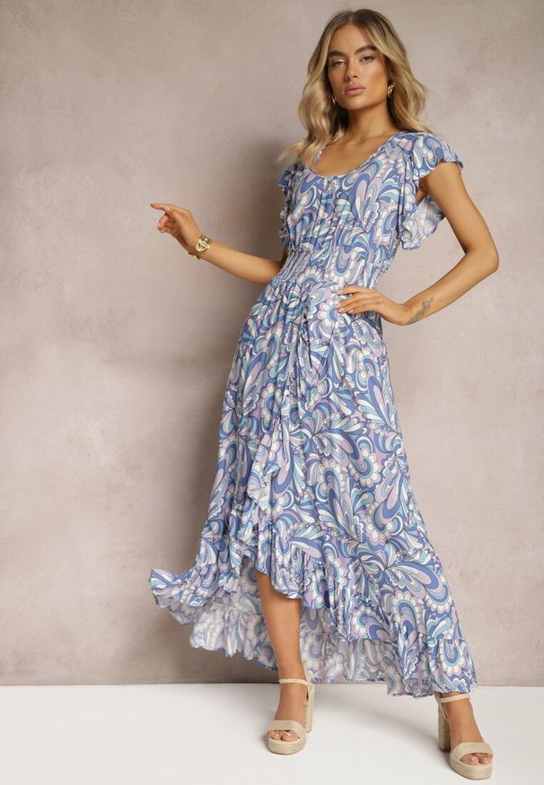 Renee - Niebieska Sukienka Boho z Gumką w Pasie i Asymetrycznym Dołem z Wiskozy Anorissa. Kolor: niebieski. Materiał: wiskoza. Typ sukienki: asymetryczne. Styl: boho