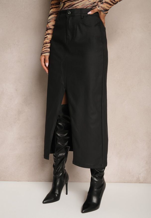 Renee - Czarna Midi Spódnica High Waist z Guzikiem i Kieszeniami oraz Suwakiem Navitta. Stan: podwyższony. Kolor: czarny. Materiał: materiał. Wzór: gładki, jednolity
