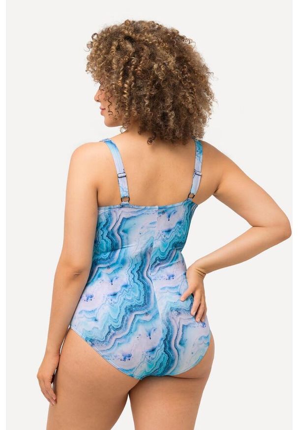 ULLA POPKEN - Damski Strój kąpielowy marmurkowy wzór drapowany miękkie miseczki. Kolekcja: plus size. Kolor: niebieski. Materiał: poliester