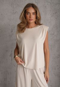 Renee - Jasnobeżowy Lejący Komplet Letni z Wiskozą Bluzka i Spodnie Wide Leg Nanassa. Kolor: beżowy. Materiał: wiskoza #5