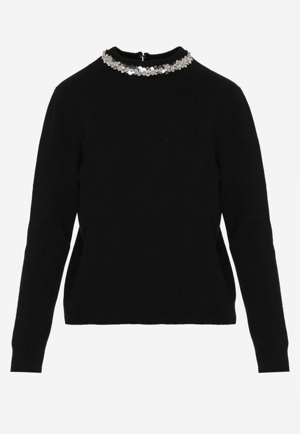 Born2be - Czarny Sweter z Dodatkiem Kaszmiru Ozdobiony Cekinami i Cyrkoniami Vetimona. Okazja: na co dzień. Kolor: czarny. Materiał: kaszmir. Wzór: aplikacja. Styl: klasyczny, casual, elegancki