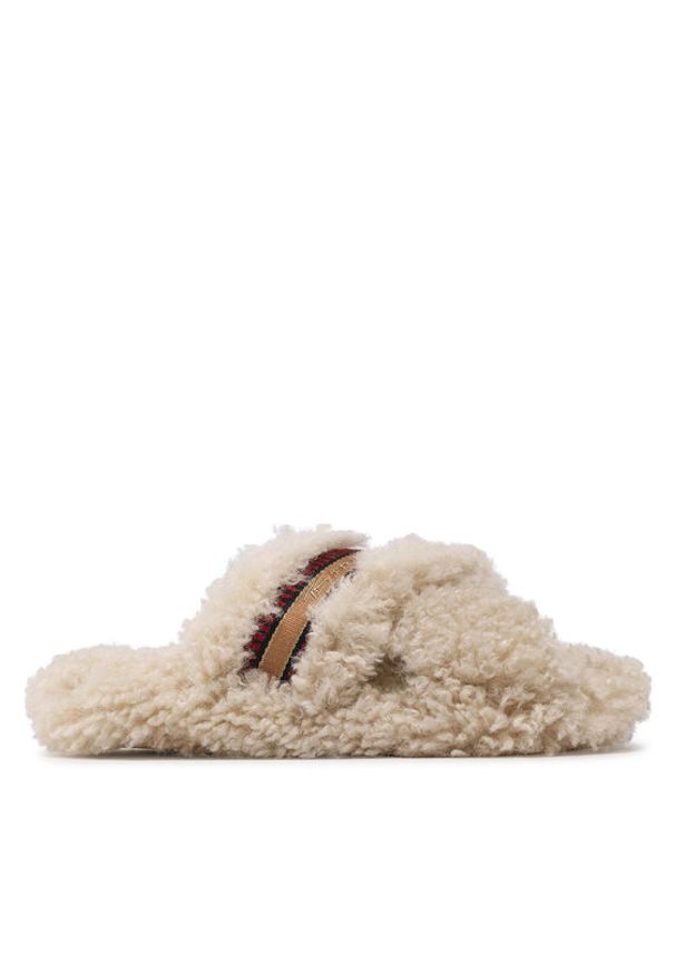 TOMMY HILFIGER - Tommy Hilfiger Kapcie Sherpa Fur Home Slippers Strap FW0FW06576 Beżowy. Kolor: beżowy. Materiał: materiał