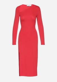 Born2be - Czerwona Sukienka Taliowana z Asymetrycznym Dekoltem i Rozcięciem Saiala. Okazja: do pracy, na spotkanie biznesowe. Kolor: czerwony. Długość rękawa: długi rękaw. Typ sukienki: asymetryczne. Styl: wizytowy, biznesowy, klasyczny #3