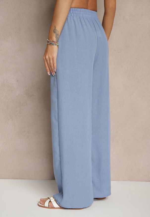 Renee - Niebieskie Spodnie o Szerokim Kroju High Waist Edilisea. Okazja: na spotkanie biznesowe, do pracy, na co dzień. Stan: podwyższony. Kolor: niebieski. Styl: biznesowy, elegancki, casual