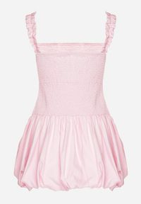 Born2be - Różowa Bawełniana Sukienka Bombka na Ramiączkach z Elastyczną Górą Linarisena. Okazja: na co dzień, na imprezę. Typ kołnierza: kokarda. Kolor: różowy. Materiał: bawełna. Długość rękawa: na ramiączkach. Typ sukienki: bombki. Styl: casual, elegancki #2