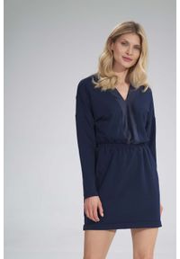 Figl - Mini Sukienka z Dekoltem Wykończonym Welurem - Granatowa. Kolor: niebieski. Materiał: welur. Długość: mini #1