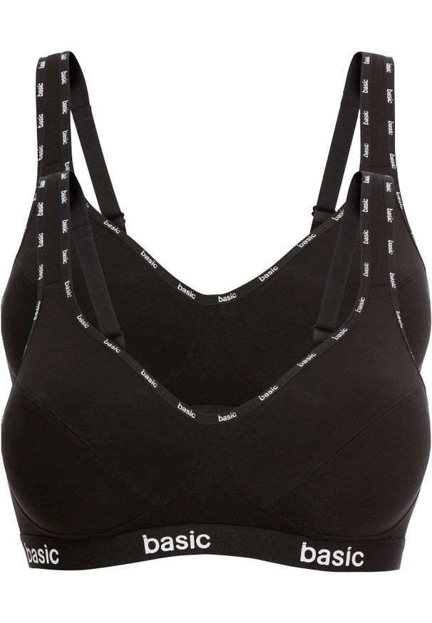 bonprix - Biustonosz bez fiszbinów (2 szt.), bawełna organiczna. Kolor: czarny. Materiał: bawełna. Rodzaj stanika: różne sposoby noszenia, wyściełane miseczki. Wzór: napisy