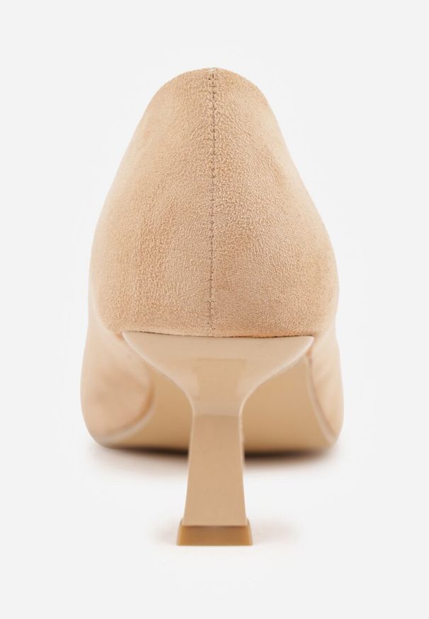 Renee - Ciemnobeżowe Czółenka z Ekozamszu Vices na Obcasie Kaczuszka z Wkładką ze Skóry Naturalnej Etaris. Okazja: do pracy. Nosek buta: szpiczasty. Kolor: beżowy. Materiał: skóra. Obcas: na obcasie. Styl: wizytowy, klasyczny, elegancki. Wysokość obcasa: średni