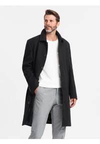 Ombre Clothing - Męski długi jednorzędowy płaszcz z kołnierzykiem i podpinką – czarny V1 - Rozmiar: XL. Okazja: na co dzień. Typ kołnierza: komin, kołnierzyk koszulowy. Kolor: czarny. Materiał: wiskoza, materiał, syntetyk, poliester. Długość: długie. Wzór: jednolity. Styl: elegancki, casual, wizytowy #1