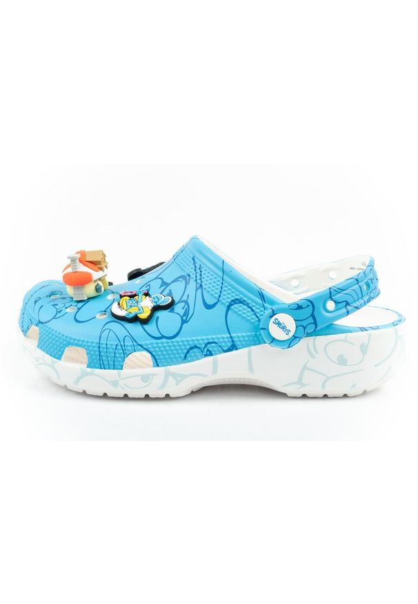 Klapki sandały chodaki damskie Crocs Smurfs Smerfy. Kolor: niebieski, wielokolorowy, biały. Materiał: materiał