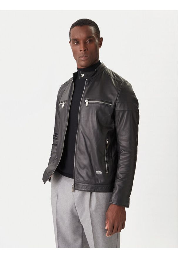 Karl Lagerfeld - KARL LAGERFELD Kurtka skórzana 555022 554421 Czarny Slim Fit. Typ kołnierza: dekolt w karo. Kolor: czarny. Materiał: skóra