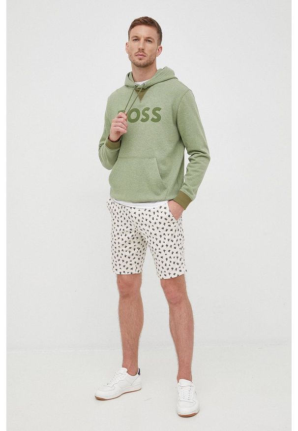 BOSS bluza bawełniana BOSS CASUAL męska kolor zielony z kapturem z nadrukiem. Okazja: na co dzień. Typ kołnierza: kaptur. Kolor: zielony. Materiał: bawełna. Wzór: nadruk. Styl: casual