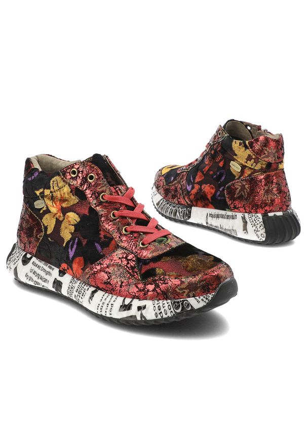 Czerwone Sneakersy Laura Vita Eleganckie Obuwie Damskie. Zapięcie: sznurówki. Kolor: czerwony. Materiał: materiał. Szerokość cholewki: normalna. Wzór: aplikacja, kwiaty, nadruk. Styl: elegancki