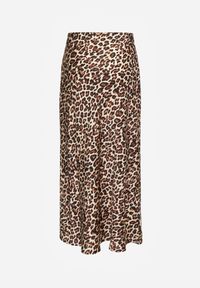 Renee - Brązowa Spódnica High Waist ze Zwierzęcym Printem i Gumką w Talii Dimella. Stan: podwyższony. Kolor: brązowy. Materiał: jedwab, wiskoza. Wzór: motyw zwierzęcy, nadruk. Styl: elegancki, klasyczny, wizytowy #3