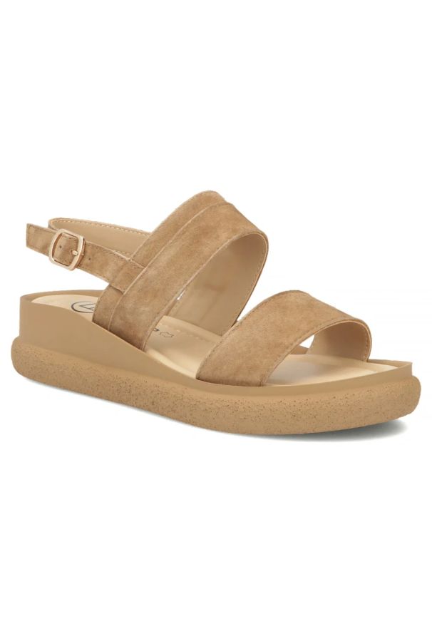 Skórzane sandały damskie na koturnie camel Filippo DS7746. Materiał: skóra. Sezon: lato. Obcas: na koturnie