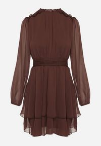 Born2be - Brązowa Rozkloszowana Sukienka Siateczkowa z Bufiastymi Rękawami Isovana. Okazja: na co dzień. Kolor: brązowy. Styl: casual, elegancki #3