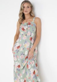 Born2be - Jasnozielona Sukienka Maxi na Szerokich Ramiączkach z Ozdobnymi Guzikami w Kwiaty Delphyne. Kolor: zielony. Materiał: tkanina. Długość rękawa: na ramiączkach. Wzór: kwiaty. Długość: maxi