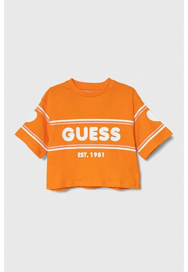 Guess t-shirt bawełniany dziecięcy kolor pomarańczowy. Okazja: na co dzień. Kolor: pomarańczowy. Materiał: bawełna. Długość rękawa: krótki rękaw. Długość: krótkie. Styl: casual, klasyczny