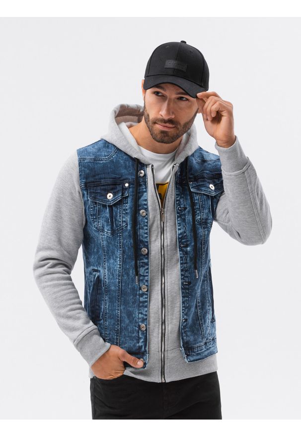 Ombre Clothing - Kurtka męska jeansowa C322 - jeans/szara - XXL. Typ kołnierza: kaptur. Kolor: szary. Materiał: jeans. Styl: klasyczny