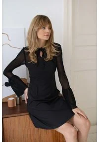 Nommo - Sukienka z Tiulowym Rękawem - Czarna. Kolor: czarny. Materiał: tiul #1