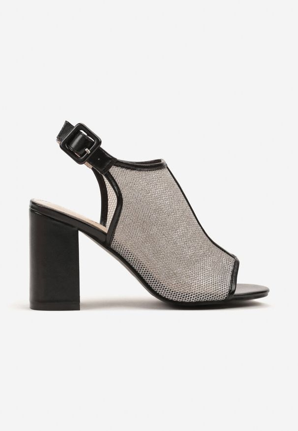 Renee - Czarne Sandały w Stylu Botków na Słupku z Brokatem i Klamerką Boltewi. Okazja: na co dzień. Kolor: czarny. Materiał: jeans. Wzór: aplikacja. Obcas: na słupku. Styl: casual, elegancki. Wysokość obcasa: średni