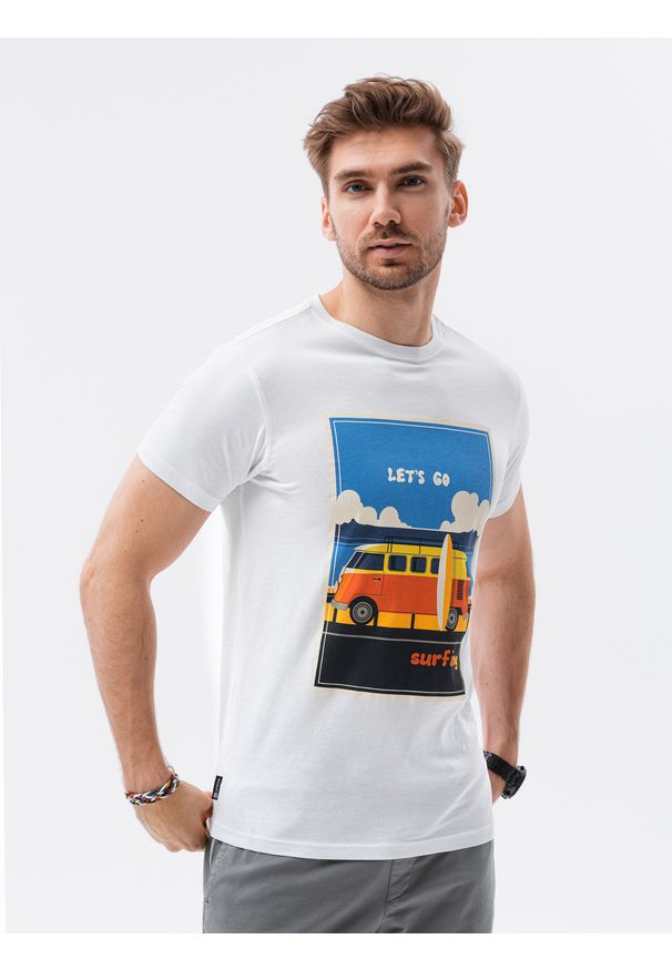 Ombre Clothing - T-shirt męski z nadrukiem - biały V8A. Kolor: biały. Materiał: bawełna. Wzór: nadruk. Styl: klasyczny