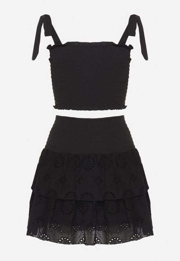 Born2be - Czarny Komplet z Bawełny Elastyczny Top na Ramiączkach i Spódnica z Haftem Kolimira. Kolor: czarny. Materiał: bawełna. Wzór: haft