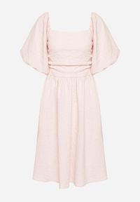 Born2be - Różowa Sukienka o Rozkloszowanym Kroju z Bufiastymi Rękawami Maradora. Okazja: na co dzień. Typ kołnierza: dekolt kwadratowy. Kolor: różowy. Styl: casual #6