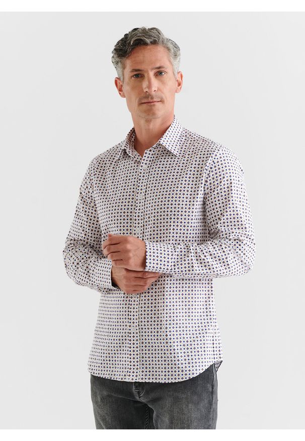 Pako Lorente - Biała koszula w niebiesko-żółty wzór P23WF-1X-018-B-S. Kolor: żółty, biały, niebieski, wielokolorowy. Materiał: elastan, bawełna