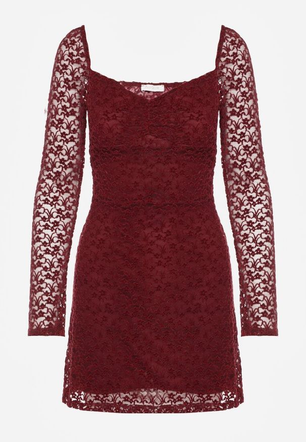 Born2be - Bordowa Koronkowa Sukienka o Dopasowanym Kroju z Kwadratowym Dekoltem Tiwedesa. Okazja: na imprezę. Typ kołnierza: dekolt kwadratowy. Kolor: czerwony. Materiał: koronka. Styl: elegancki, klasyczny
